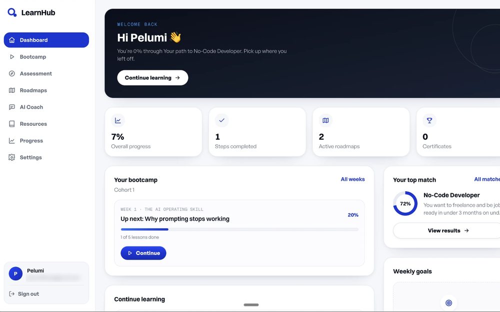 LearnHub dashboard, signed in