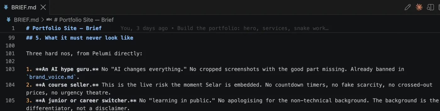 Section 5 of the brief, written three days before the site existed. Three hard nos. This is the part that did the most work.